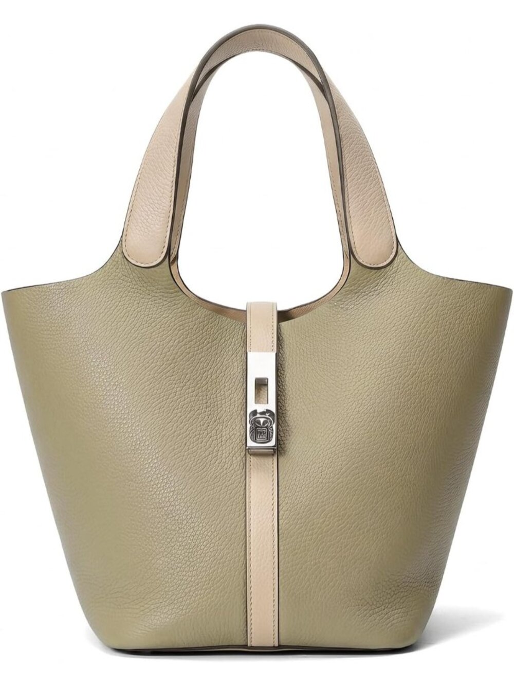 Women's Pea Green Leather Top Handle Bucket Purse with Detachable Small Purse
